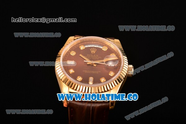 Rolex Day-Date Asia 2813/Swiss ETA 2836/Clone Rolex 3135 Automatic Yellow Gold Case with Brown Dial and Diamonds Markers (BP) - Click Image to Close